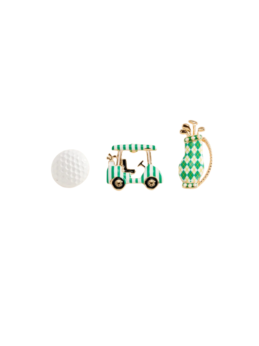 Golf-themed earrings with a golf cart, golf club, and golf ball on a white background