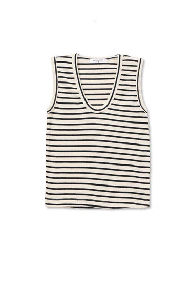A sleeveless tank top with horizontal black stripes on a cream background, displayed flat against a white background.