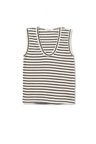 A sleeveless tank top with horizontal black stripes on a cream background, displayed flat against a white background.
