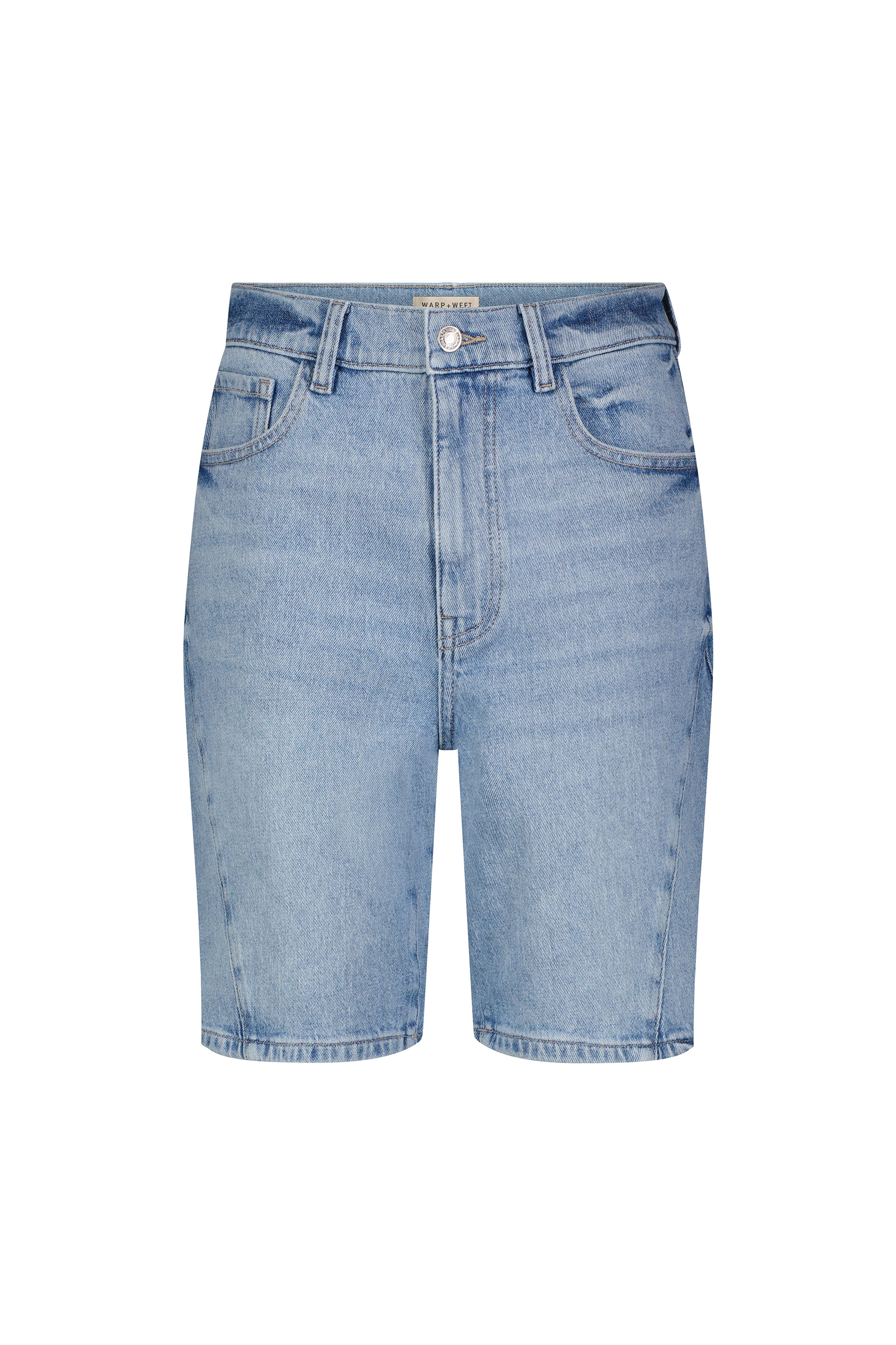 Light blue denim shorts on a white background