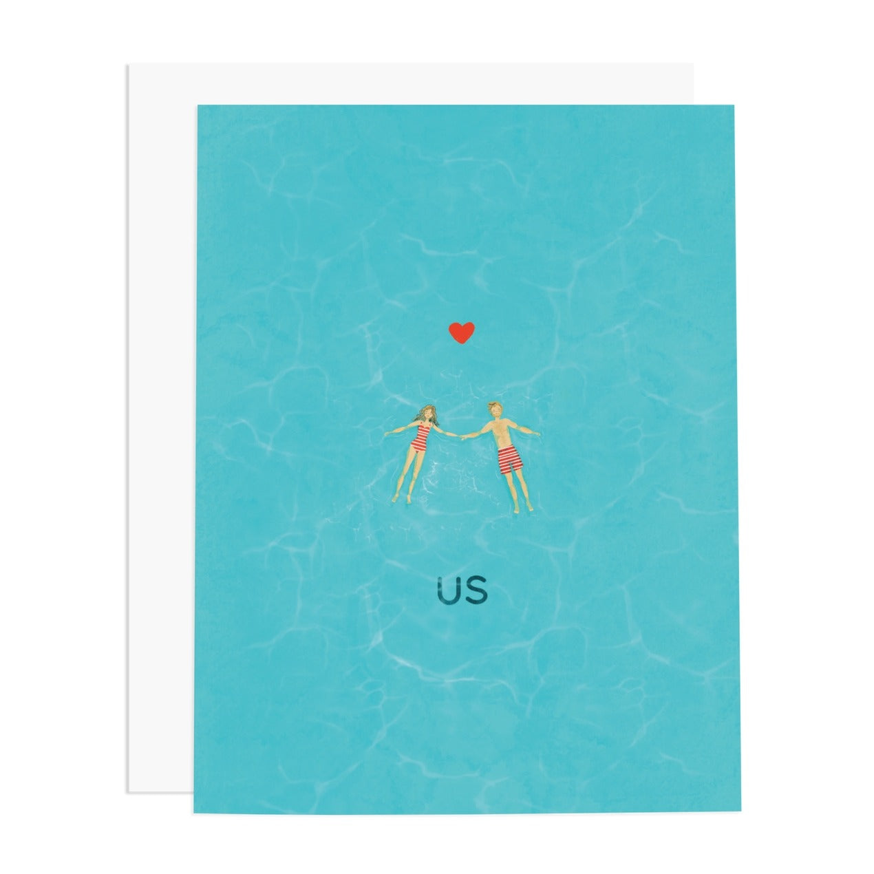Card with illustration of two people holding hands over water and a heart above them, with 'US' written below on a blue background.