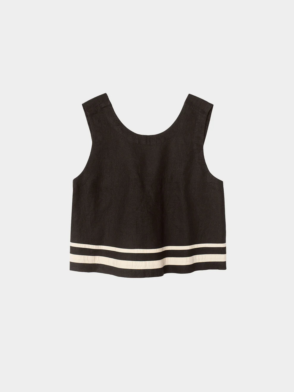 Black sleeveless top with white stripes on a light gray background