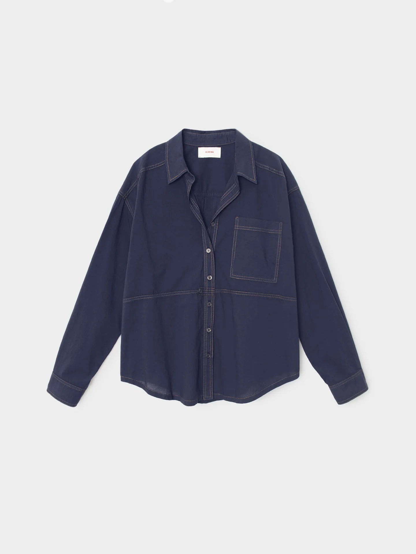 A dark navy blue long-sleeve button-up shirt with a collar, a chest pocket, and subtle contrast stitching, displayed flat against a light gray background.