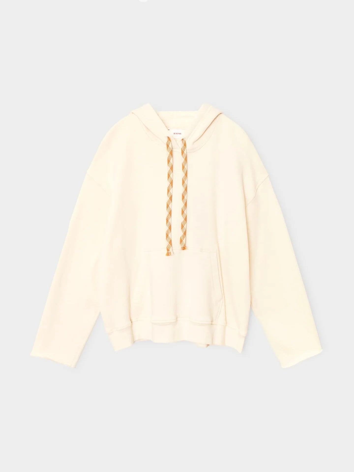A cream-colored pullover hoodie with a braided tan drawstring, displayed flat against a light gray background.