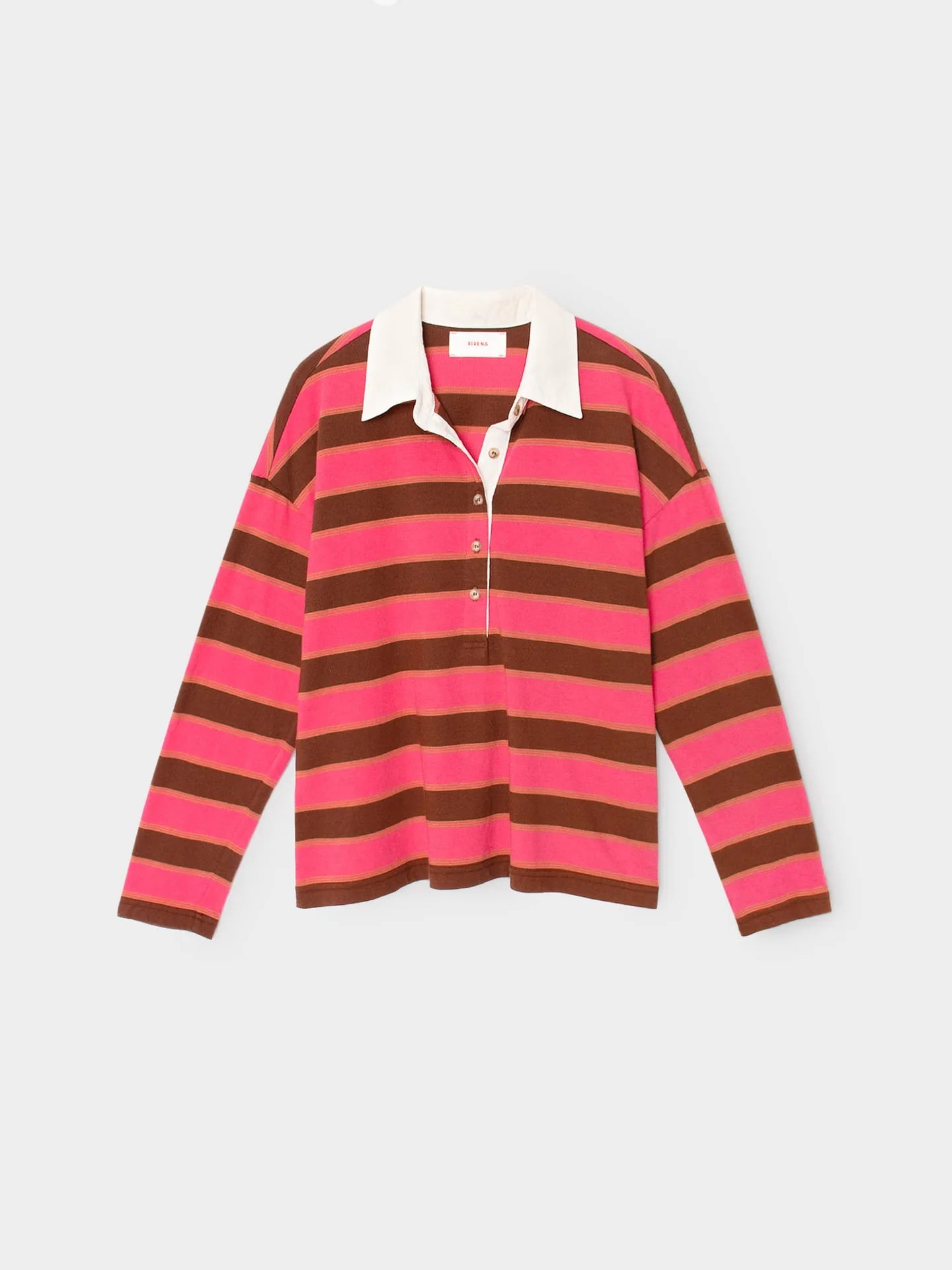 A pink and brown horizontally striped long-sleeve knit polo shirt with a white collar, displayed flat against a light gray background.
