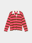 A pink and brown horizontally striped long-sleeve knit polo shirt with a white collar, displayed flat against a light gray background.