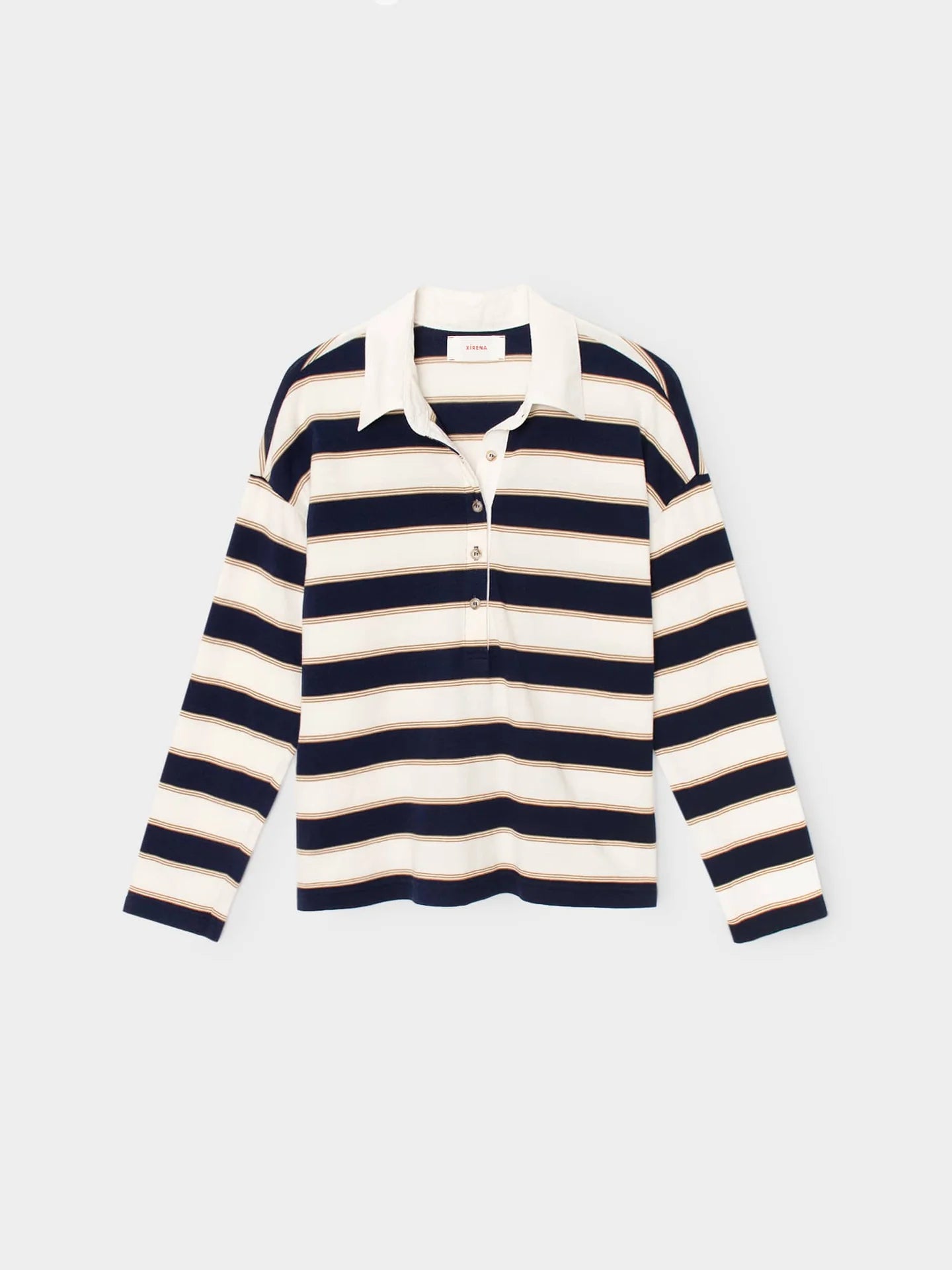 Navy and white striped shirt on a light gray background